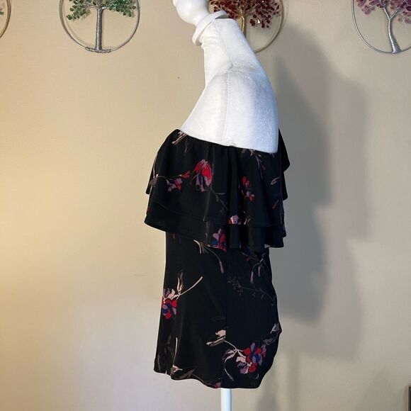 Veronica M Black Red Purple Floral Ruffle Asymmetrical One Long Sleeve Top XS - Picture 2 of 10